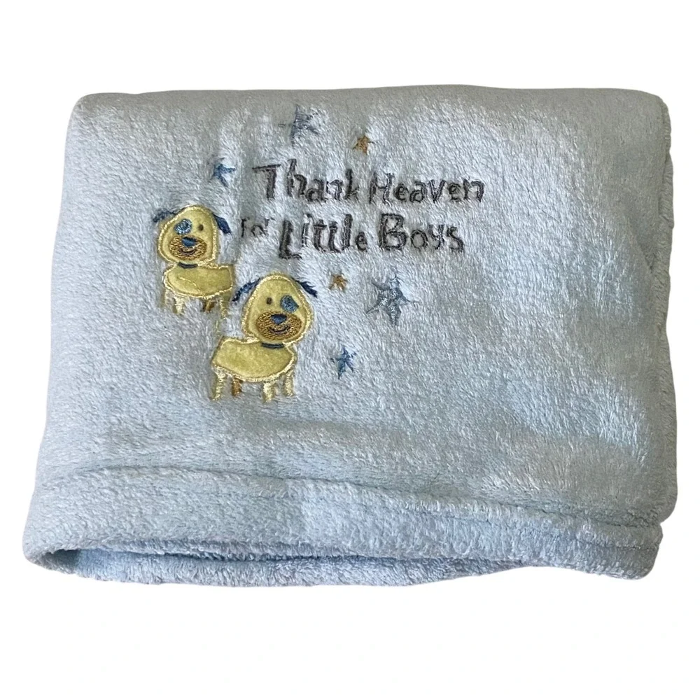 Blue Plush Baby Blanket Thank Heaven for Little Boys Puppy Stars Soother Nursery